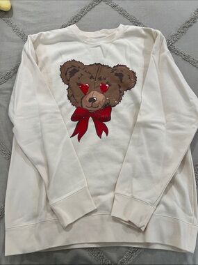 NIB Living Fully Co Cream Teddy Graphic Sweatshirt with Red Bow